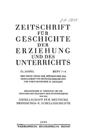25: Zeitschrift für Geschichte der Erziehung und des Unterrichts - 25.1935