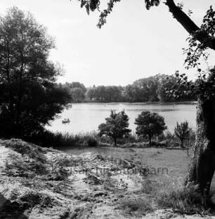Herrenteich: Ostufer beim Herrenkamp: Wiese, Uferbäume, im Vordergrund Baustelle: im Hintergrund Westufer, rechts Steg von Badeanstalt: auf Teich Boot