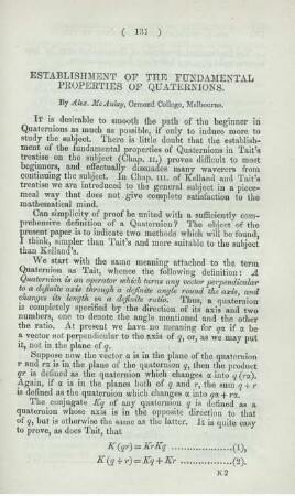 Establishment of the fundamental properties of quarternions.