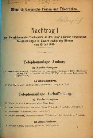Verzeichnis der Teilnehmer an den Ortstelephonnetzen in Bayern. 1896, 10. Juli