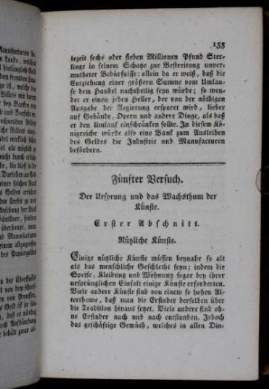 Fünfter Versuch. Der Ursprung und das Wachsthum der Künste.