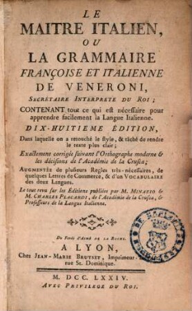 Le Maître italien, ou la grammaire françoise et italienne