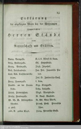 Erklärung der abgekürzten Worte bey den Wohnungen sämmtlicher Herren Stände von Ritterschaft und Städten