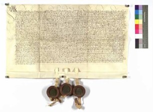 Erbeinigung zwischen Graf Kraft und Graf Johann von Hohenlohe; Siegel der Grafen Kraft, Johann und Gottfried von Hohenlohe.