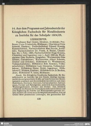 14. Aus dem Proramm und Jahresbericht der Königlichen Fachschule für Metallindustrie zu Iserlohn für das Schuljahr 1904/05.