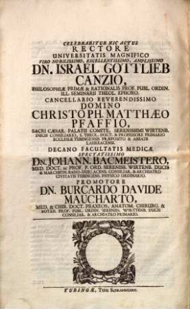 Decanus Et Collegium Facultatis Medicae In Perantiqua Eberhardina. L. B. S. : [Celebrabitur Hic Actus Rectore Universitatis Magnifico ... Dn. Israel Gottlieb Canzio ...]