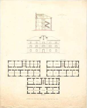 Speeth, Ferdinand; Klostergebäude - Grundriss EG, Grundriss 1. OG, Grundriss 2. OG, Ansicht, Querschnitt