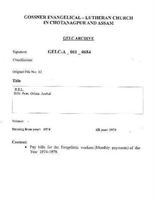 B.E.L. Bills from Orissa Anchal