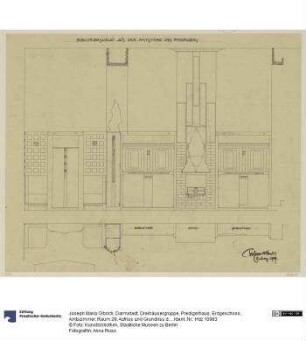 Darmstadt, Dreihäusergruppe, Predigerhaus, Erdgeschoss, Amtszimmer, Raum 28, Aufriss und Grundriss der Westwand