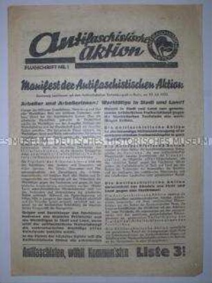 Propagandaflugblatt der KPD zur Reichstagswahl im November 1932 über die Ziele der Antifaschistischen Aktion