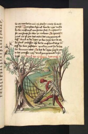Die auf den Baum geflohene Katze, die Maus im Loch und der Jäger, der sein Netz einrollt; (Kapitel VIII: Von der Katze und der Maus).