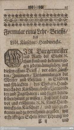 Formular eines Lehr-Brieffs/ des Löbl. Kürschner-Handwercks.