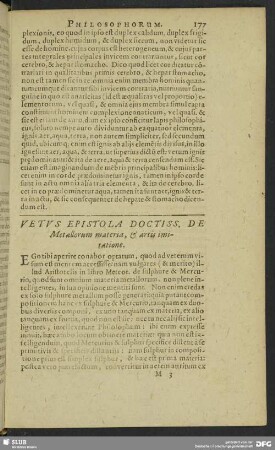 Vetus Epistola Doctiss. De Metallorum materia, & artis imitatione