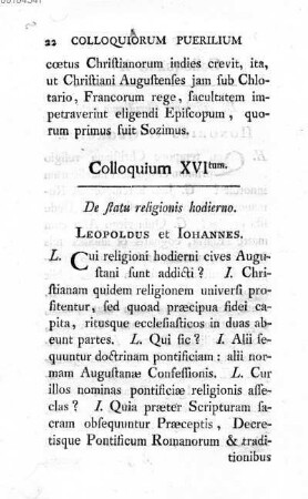Colloquium XVI tum. De statu religionis hodierno