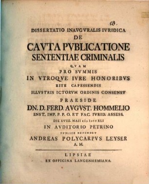 Dissertatio Inavgvralis Ivridica De Cavta Pvblicatione Sententiae Criminalis