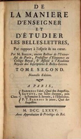 De la manière d'enseigner et d'étudier les belles Lettres, 2. (1785)