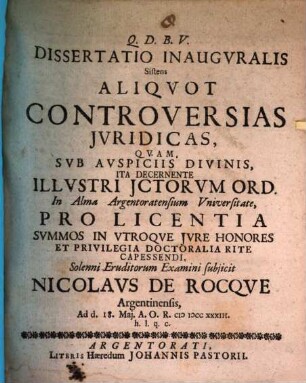 Diss. inaug. sistens aliquot controversias iuridicas