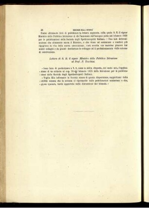 Lettera di S. E. il signor Ministro della Pubblica Istruzione al Prof. P. Tacchini