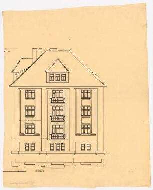 Wohnhausgruppe Lauterbach, Breslau: Eckhaus Hohenzollern-/Menzelstraße: Fassadenansicht, Grundriss-detail