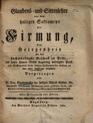 Glaubens- und Sittenlehre von dem h. Sakramente der Firmung