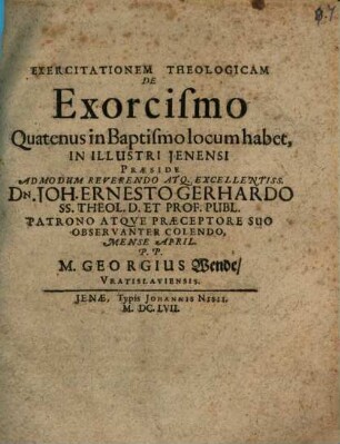 Exercitationem theologicam de exorcismo quatenus in baptismo locum habet
