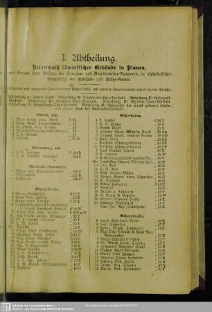 I. Abtheilung. Häuserbuch : I. Abtheilung. Verzeichniß sämmtlicher Gebäude in Plauen, mit Angabe ihrer Besitzer, der Straßen- und Brandcataster-Nummern, in alphabetischer Reihenfolge der Straßen- und Plätze-Namen