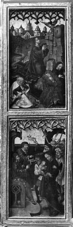 Kreuzigungsaltar : Kreuzigungsaltar. Holz, geschnitzt, gefaßt, bemalt (1505, 1605, 1668). Flügel mit Ölberszene und Christus vor Kaiphas?. Neuberg an der Mürz, Ehemals Zisterzienserstiftskirche Mariae Himmelfahrt