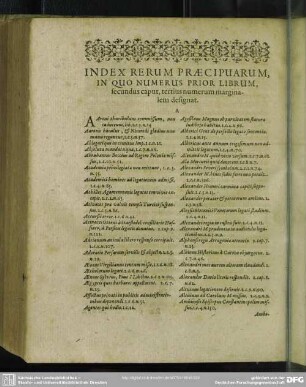 Index Rerum Praecipuarum, In Quo Numerus Prior, Librum, secundus caput, tertius numerum marginalem designat