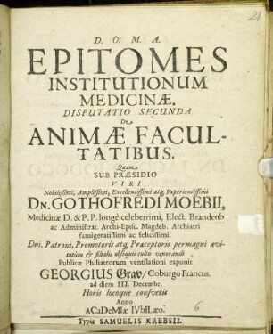 Epitomes Institutionum Medicinae. Disputatio Secunda De Animae Facultatibus