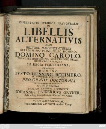 Dissertatio Ivridica Inavgvralis De Libellis Alternativis
