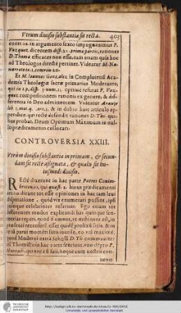 CONTROVERSIA XXIII. Vtrùm diuisio substantiae in primam, & secundam sit rectè aßignata, & qualis sit huismodi diuisio.