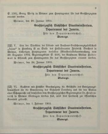 12. Ministerialbekanntmachung, betreffend Wechsel in der Hauptargentur der Lebens- und Pensions-Versicherungsgesellschaft "Janus" in Hamburg