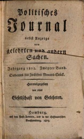 Politisches Journal : Darstellung des Weltlaufs in den Begebenheiten und Staatsacten. 1803,2