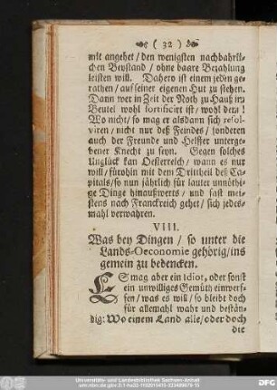VIII. Was bey Dingen, so unter die Lands-Oeconomie gehörig, insgemein zu bedencken.