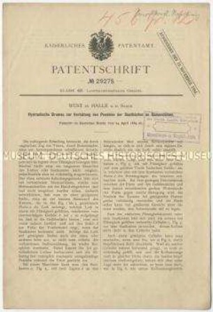 Patentschrift einer hydraulischen Bremse zur Verhütung des Pendelns der Saatkästen an Sämaschinen, Patent-Nr. 29275