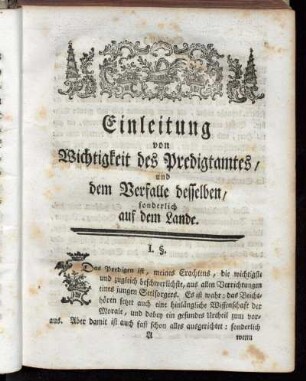 Einleitung von Wichtigkeit des Predigtamtes/ und dem Verfalle desselben/ sonderlich auf dem Lande.