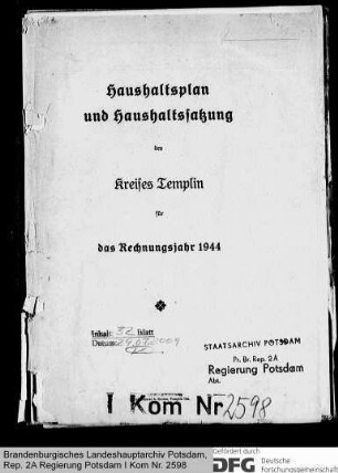 Haushaltsplan und Haushaltssatzung des Kreises Templin für das Rechnungsjahr 1944