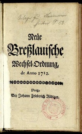 Neüe Breßlauische Wechsel-Ordnung, de Anno 1712