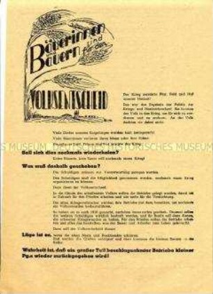 Aufruf an die Landbevölkerung zum Volksentscheid über die Enteignung der Kriegsverbrecher
