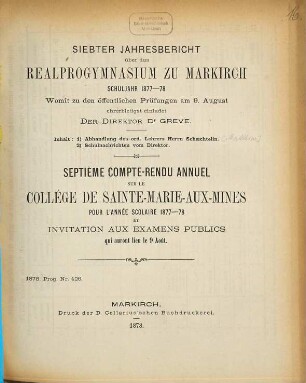 Jahresbericht über das Realprogymnasium zu Markirch : Schuljahr ..., 7. 1877/78