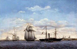 "Die Schleswig-Holsteinische Flotte in den Kieler Hafen einsegelnd, 1851"