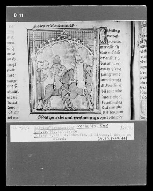 Roman des chevaliers de la table ronde, Artussage, fol. 49v, Vier Ritter, zwei davon zu Pferde