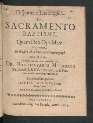 Disputatio Theologica. De Sacramento Baptismi