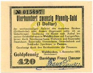 Geldschein / Notgeld, Dollar (USD), 4,20 Goldmark, 1.11.1923