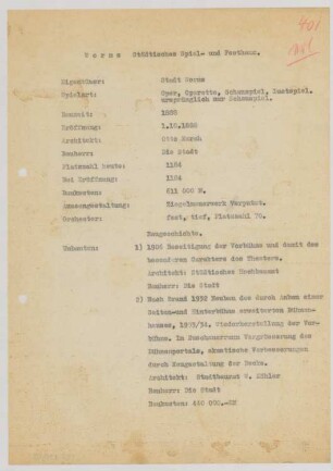 Festspielhaus, Worms: Schriftstück zum Fragebogen für das Handbuch »Das Deutsche Theater«, zwei Seiten