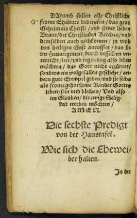 Die sechste Predigt von der Haustafel. Wie sich die Eheweiber halten.
