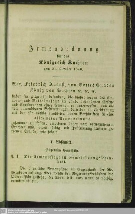 Armenordnung für das Königreich Sachsen vom 21. October 1840