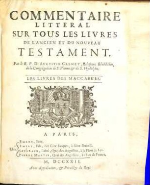Commentaire Litteral Sur Tous Les Livres De L'Ancien Et Du Nouveau Testament, [15]. Les Livres Des Maccabe'es
