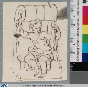 Putto mit Girlande in einer Volute sitzend