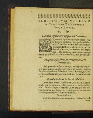 Scriptorvm Vetervm De Censorino Testimonia: Eivsq. Fragmenta.